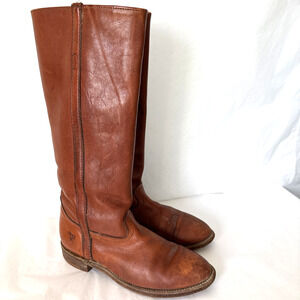 Vtg Frye Campus Boots Size 7.5B Black Label Cognac Leather USA Made Low Heel